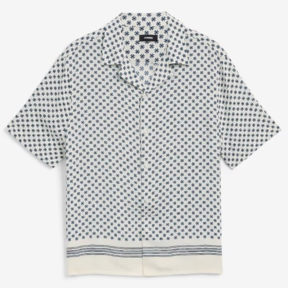 Men's Express Large Bordered Geo Rayon Short Sleeve Shirt